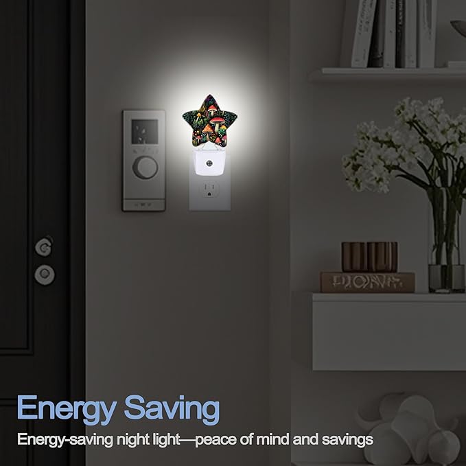 Mushroom Forest Nightlight,Cute Floral Plant Star Night Lights Plug into Wall Decorations for Bedroom Bathroom,Dusk to Dawn Sensor Kitchen Hallway Stairs Energy Efficient Desk Lamp