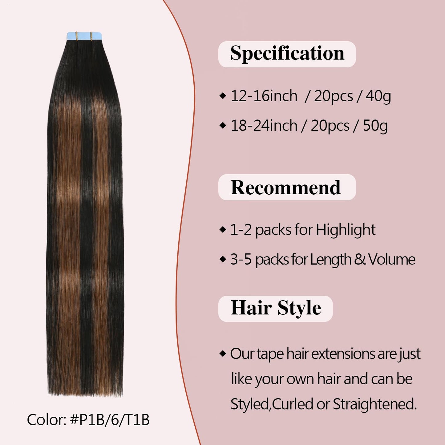 Sunya Tape in Hair Extensions Human Hair Balayage Natural Black to Chestnut Brown 20 Inch 50g/pack 20pcs Straight Seamless Skin