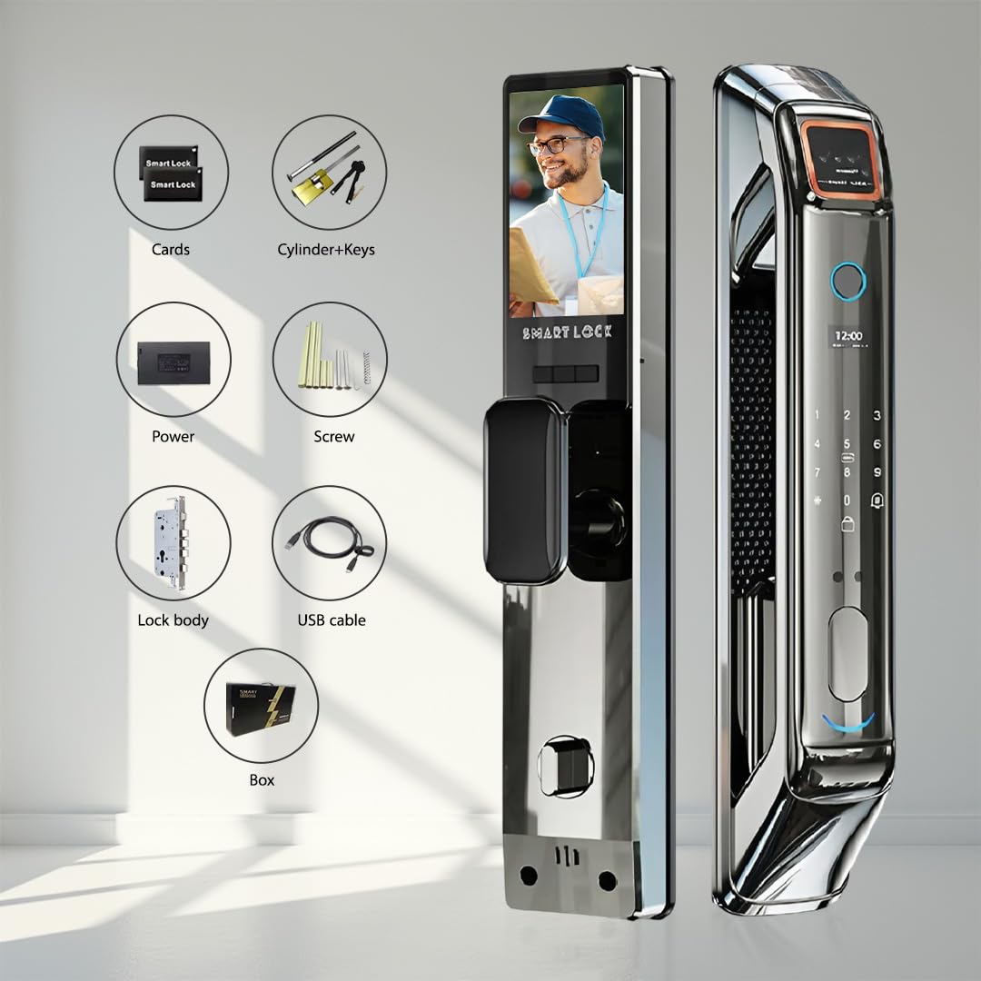 3D Face Recognition Smart Door Lock with Palm Vein, Fingerprint, HD Camera, WiFi Jlink App, Video Intercom & Doorbell | Keyless Entry with Passcode, IC Card & Emergency Key – Alexa, Easy Install