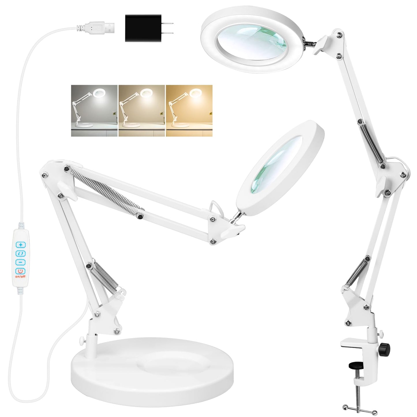 KIRKAS 10X Magnifying Glass with Light, Stepless Dimmable LED Lamp, Clamp, White, Model 10X TJ-WHITE