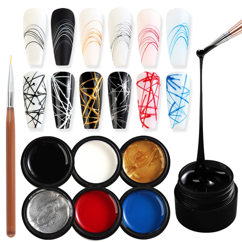 SUTOKAKA 6 Colors Spider Gel Set, Elastic Drawing Spider Gel with Nail Art Brush, White Black Red Blue Gold Silver Paint Wire Dr