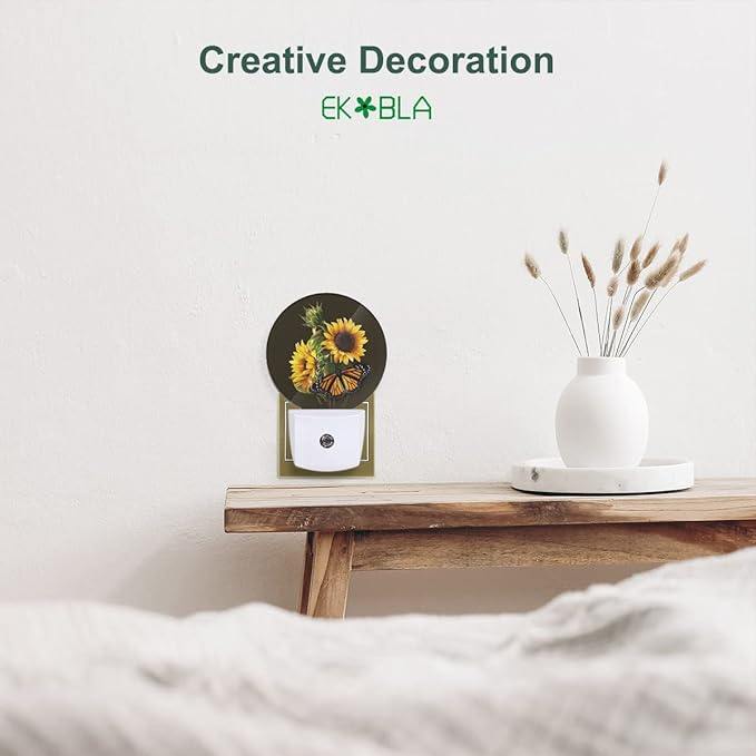 EKOBLA Night Light Sunflower and Butterfly Night Lights Plug into Wall for Boys Girls Led Night Light, Round Lamp Home LED Wall Decor Nightlight