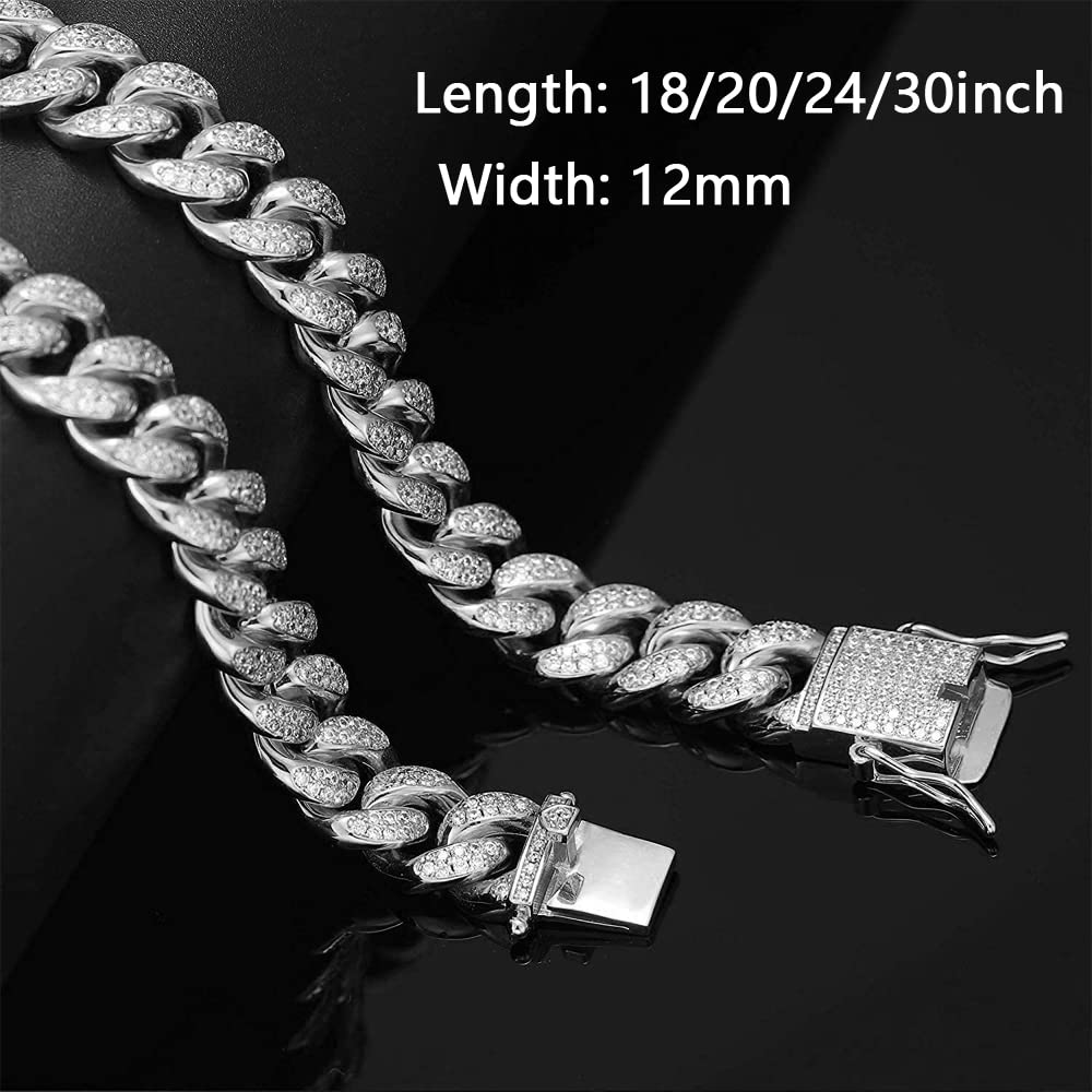 Apzzic 12mm Miami Cuban Link Chain Iced Out CZ Diamond Curb Choker Necklace with Giftbox for Men Women Silver 24inch