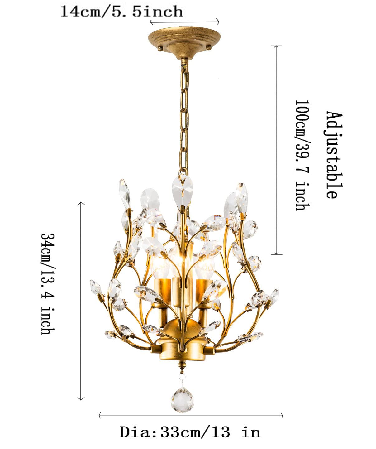 Ganeed K9 Crystal Chandelier - 3-Light Pendant Light, Golden Iron & Crystal, Ideal For Living Room, Bedroom, Restaurant, Hallway