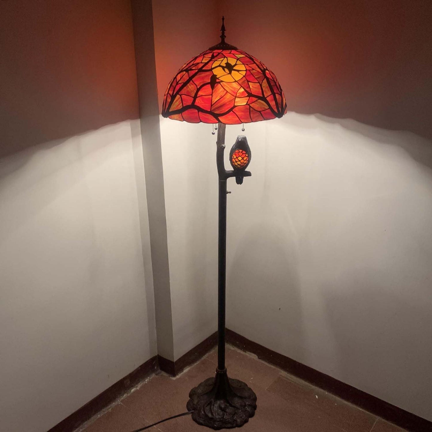Bieye Tiffany Style Stained Glass Floor Lamp - Ravens On Tree Branch, 65 Tall, Black Red, Model Owlfloor, Double Lit Night Light