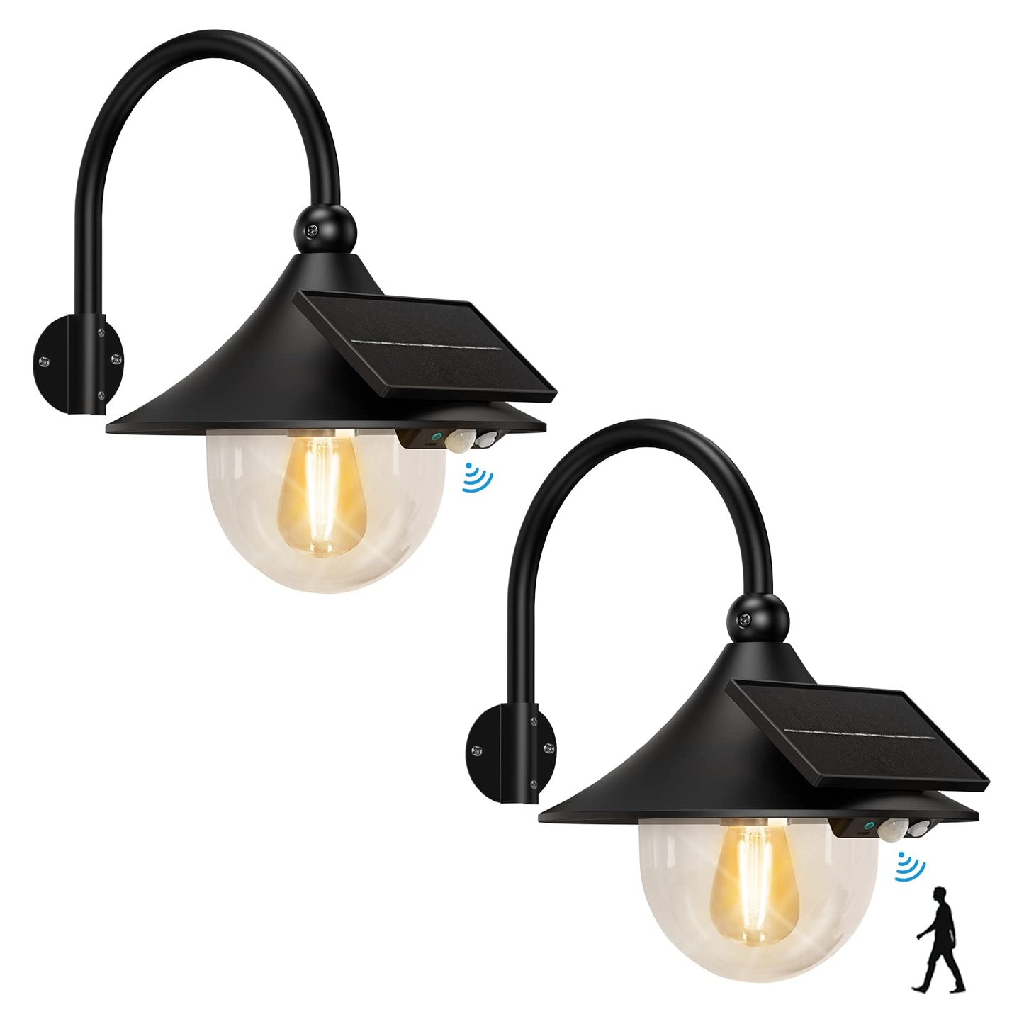 Aqonsie Solar Barn Lights Outdoor, 3 Lighting Modes, Motion Sensing, Black (2 Pack), Waterproof Metal Wall Mount