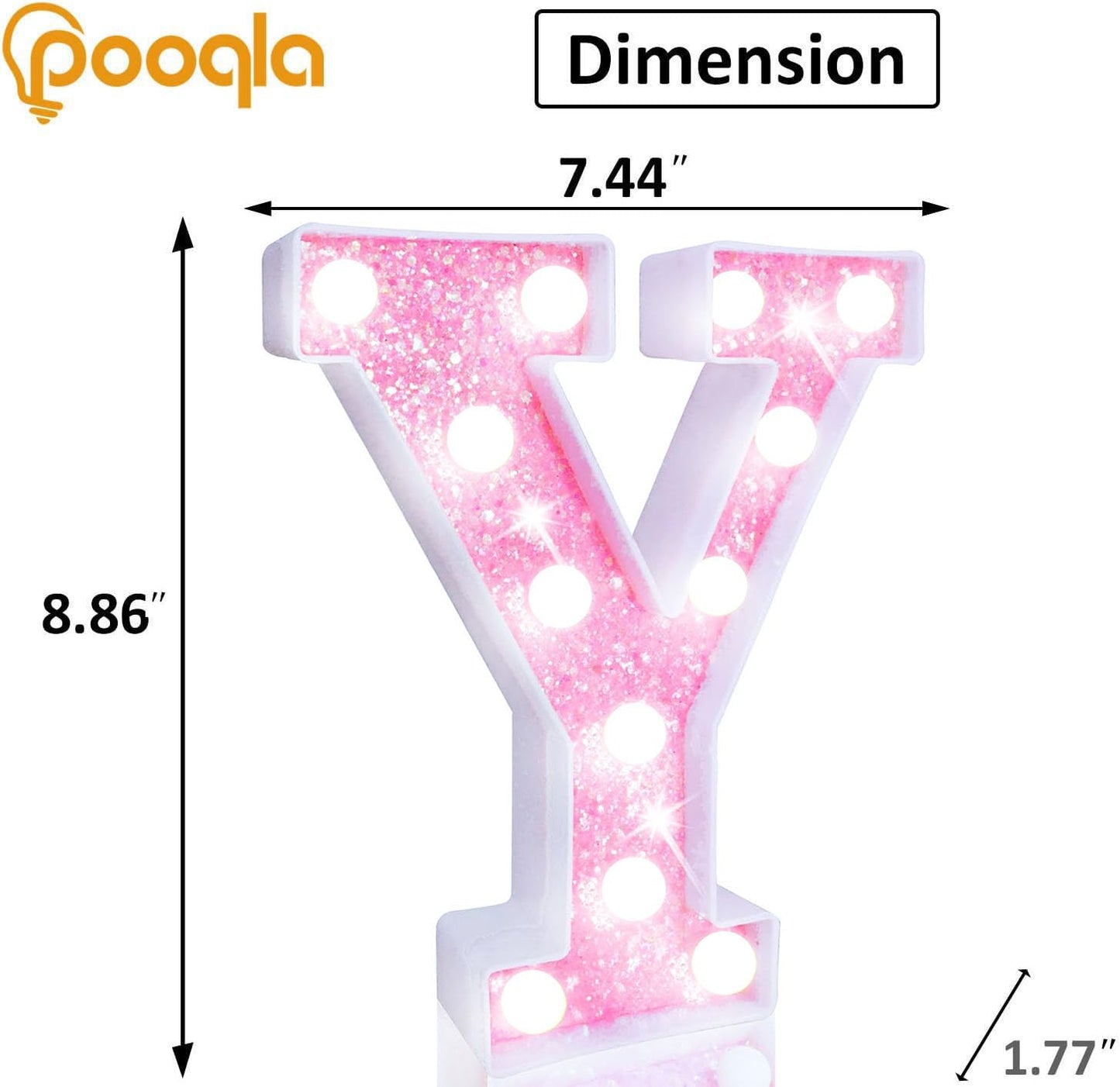 Pooqla Led Marquee Letter Lights  Light Up Letters Glitter Letter Sign Girls Gift  Battery Powered Night Light Pink Birthday Party Room Wedding Christmas Girls Bedroom Dorm Decoration  Cool White Y