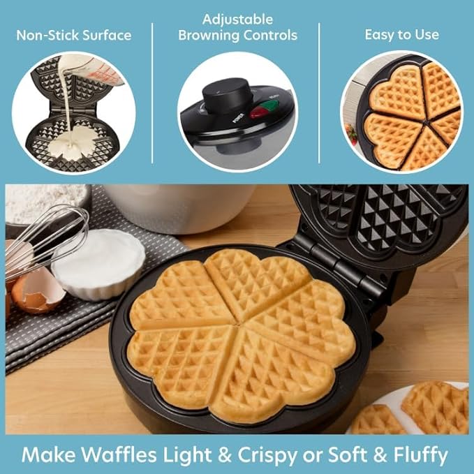 CucinaPro Heart Waffle Maker- Make 5 Heart Shaped Waffles, Special Loved Ones Holiday Breakfast- Nonstick Baker w Easy Cleanup, Electric Waffler Griddle Iron Adjustable Temperature Control- Xmas Gift