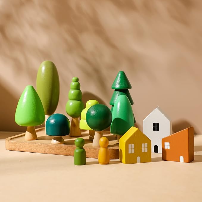 Wooden Forest House Stacking Toy Set with 13PCS Wood Miniature Tree Blocks Set Elegant Ornaments for Home Decor Accessories for Baby 36 Months+