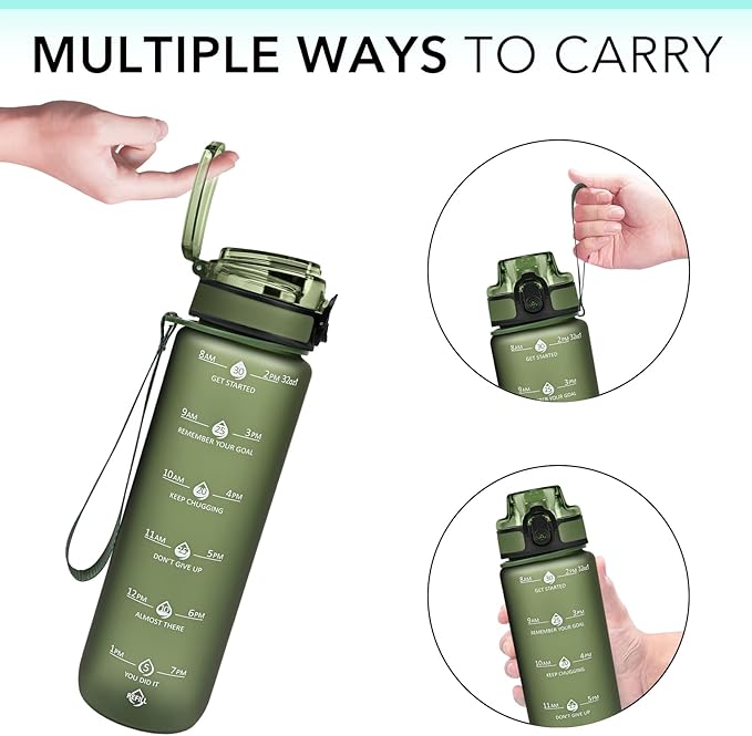 GOSWAG 32oz Motivational Water Bottles with Time Marker and Fruit Strainer, Sports Water Bottle with Times to Drink, Leakproof, Reusable Plastic Bottle with Strap no Straw for Gym, School