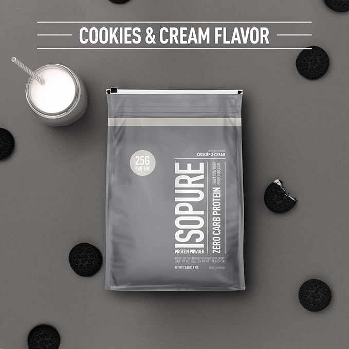 Isopure Zero Carb 100% Pure Whey Isolate Protein Powder, Lactose Free, Gluten Free, With Vitamins, Cookies & Cream, 25g Protein Per Serving, 7.5 Lbs, 110 Servings (Packaging May Vary)