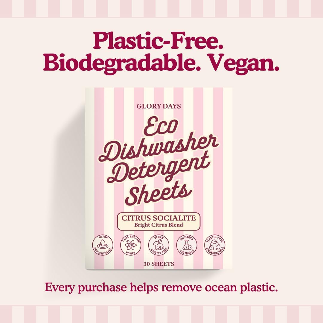 Glory Days Dishwasher Sheets – Citrus Socialite | Eco Friendly, Clean Dishwasher Detergent | Dual Enzyme, Plastic-Free, Vegan | 30 Count