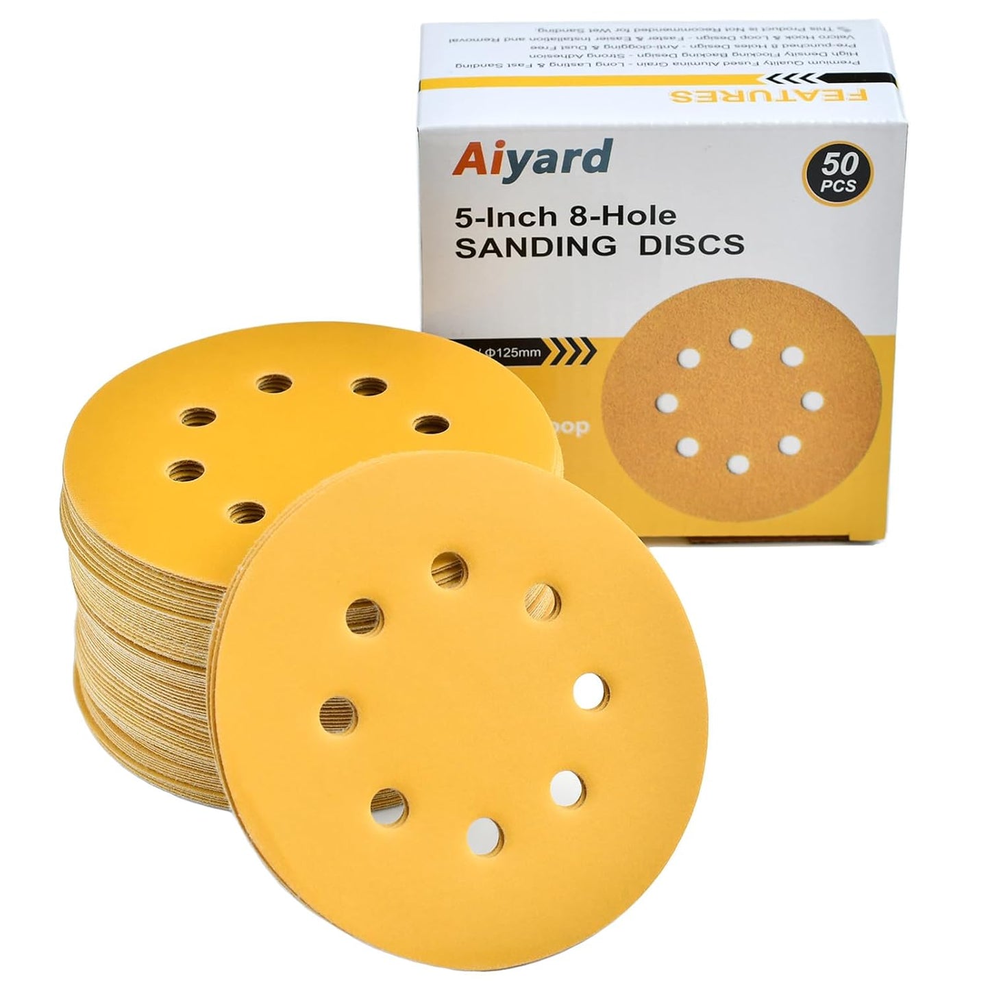 5-Inch 8-Hole Hook and Loop Sanding Discs 600-Grit Random Orbit Sandpaper, 50-Pack