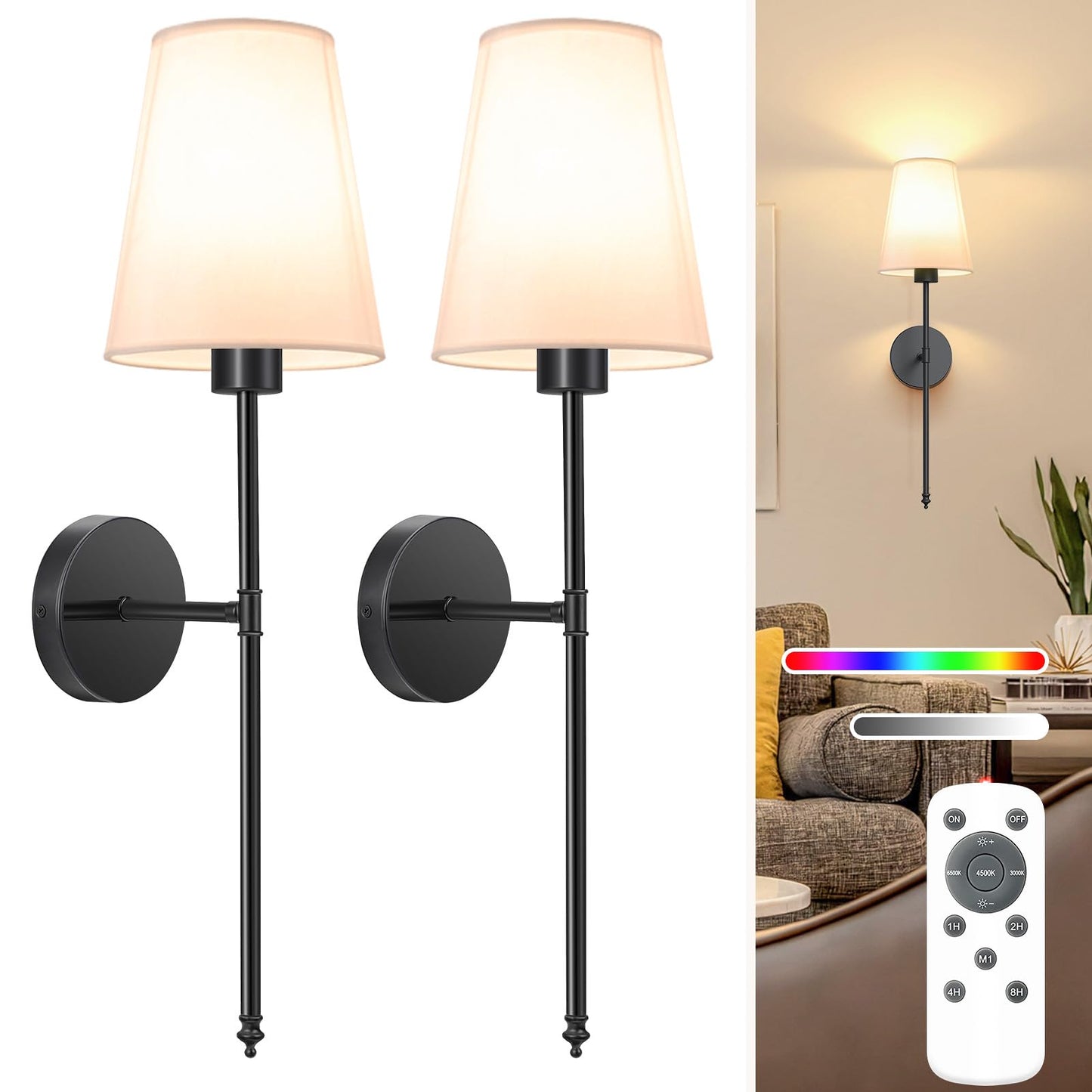 NIORSUN Wall Sconce Set of 2, 25.4 inch Black Battery Operated Lights, Dimmable Detachable Bulbs, Remote Control, Model SW039