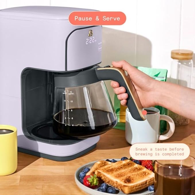 Beautiful 12-Cup Programmable Coffee Maker with Touch Activated Display, Auto Brew Timer, Reusable Filter & Large Glass Carafe (Lavender)