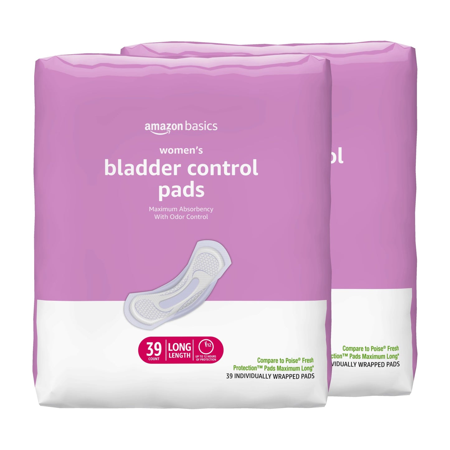 Amazon Basics Incontinence Pads for Women Long, Bladder Control, Postpartum, Maximum Absorbency, Unscented, 78 Count (2 Packs of 39)