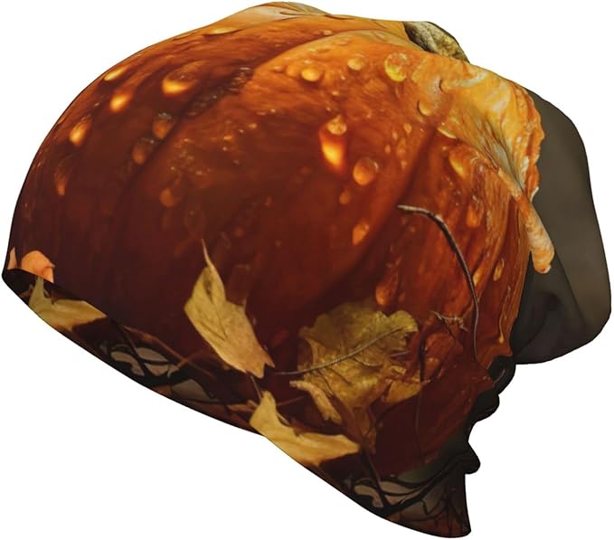 Fall Pumpkin Print Beanie Hat Soft Thermal Cap Winter Headwear for Cold Indoor Outdoor Activities Black