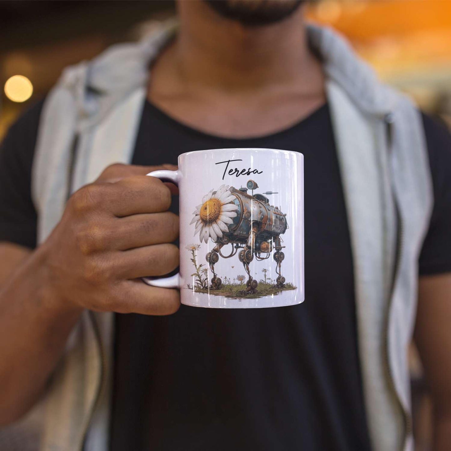 Customized Robotic Daisy Coffee Mug 11oz Or 15oz, Personalized Name On Mechanical Flower Mug, Novelty Ceramic Cup Gift For Tech Enthusiasts, Custom Nature Inspired White Mug