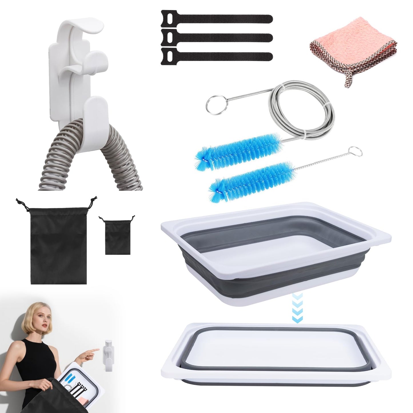 XGKHOM Upgraded CPAP Cleaning Kit, 7 ft Tube CPAP Cleaner Brushes for 15mm, 20mm and 22mm Hoses, CPAP Cleaning Supplies for Hose and Mask, Includes Collapsible Wash Basin, Hose Holder Hangers & Clips