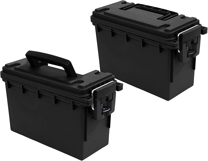 Sheffield 12790 2-Pack Ammo Storage Box, Stackable .30 Cal Field Boxes, Water and Dust Resistant, Lockable Storage Box with Handle, Secures Hunting Gear, Supplies, and Bullets, Made in The USA, Black