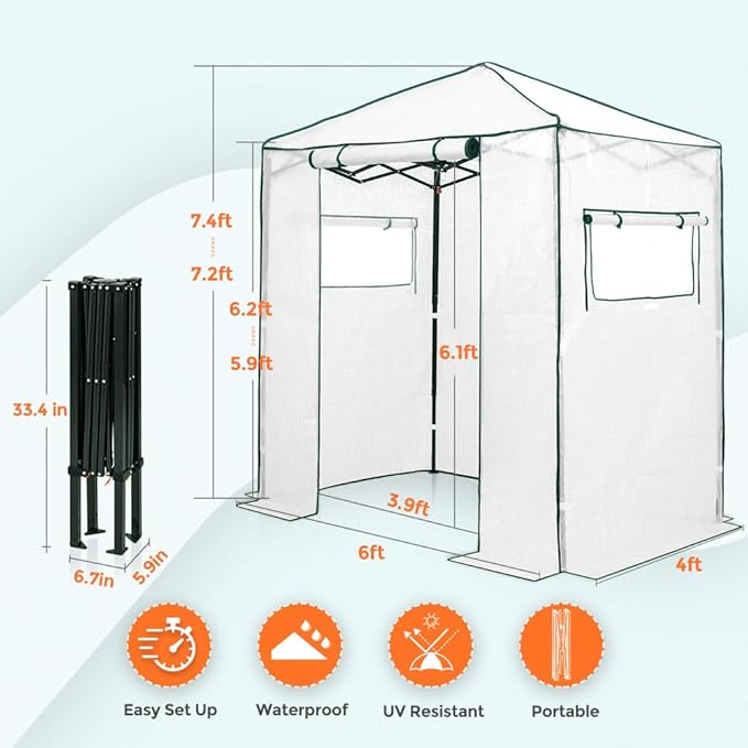 EAGLE PEAK 6x4 Portable Walk-in Greenhouse, Pop-up Indoor Outdoor Garden Green House, Zippered Door and Windows, PE Cover, White