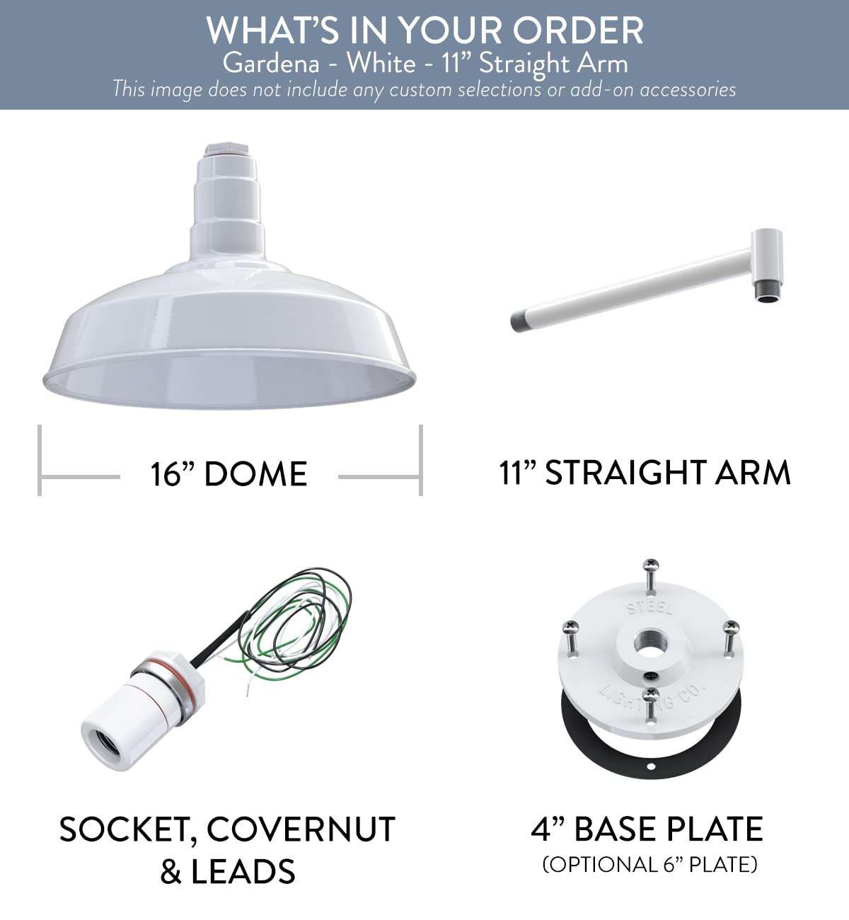Steel Lighting Co. Gardena Barn Light - 16 Dome, 11 Straight Arm, White Steel, Outdoor Wall Mounted Farmhouse Light