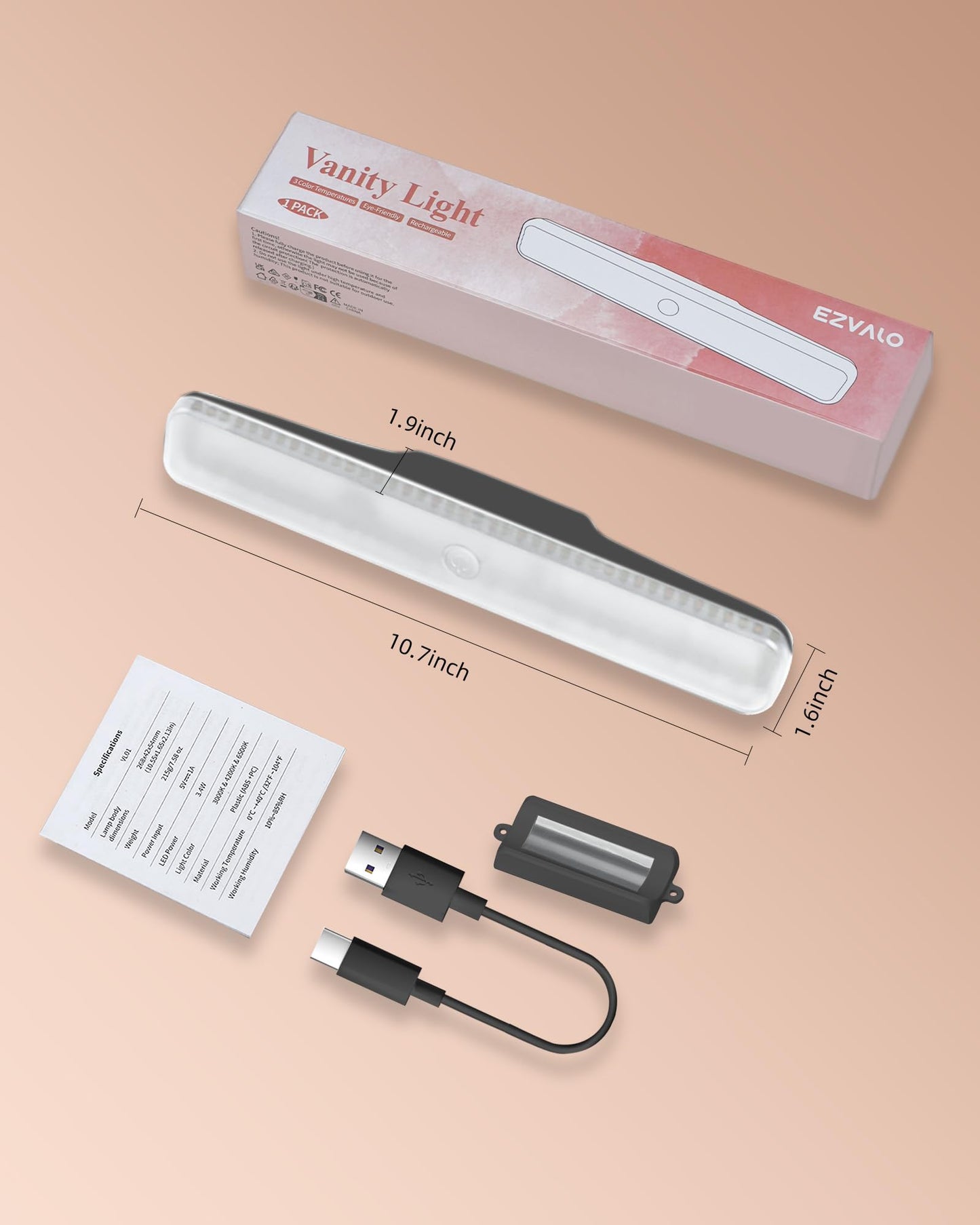 Ezvalo Wireless Makeup Light 1 Pack  Vanity Lights For Mirror Bathroom Mirror Light  Rechargeable  3 Color Modes  Stepless Dimming  Touch Control  Adjustable Angle  Black  Women S Gifts