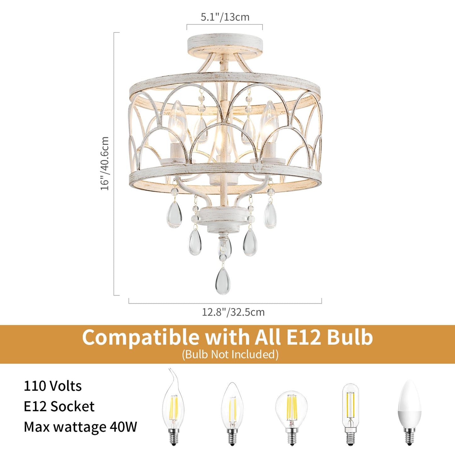 Crystal Ceiling Light Fixture  Modern Small Chandelier Light Fixture  Farmhouse White Semi Flush Mount Ceiling Light  Round Hallway Lighting Fixtures For Bedroom Entryway Dining Room Living Room