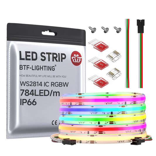 Btf-Lighting Fcob Ip66 Cob Led Strip Ws2814 Ic Rgbw 3000K 24Ft 784Led/M Dc24V Flexible High Density Color Chasing Light 10Mm Width For Home Indoor Decor(No Adapter Or Controller)