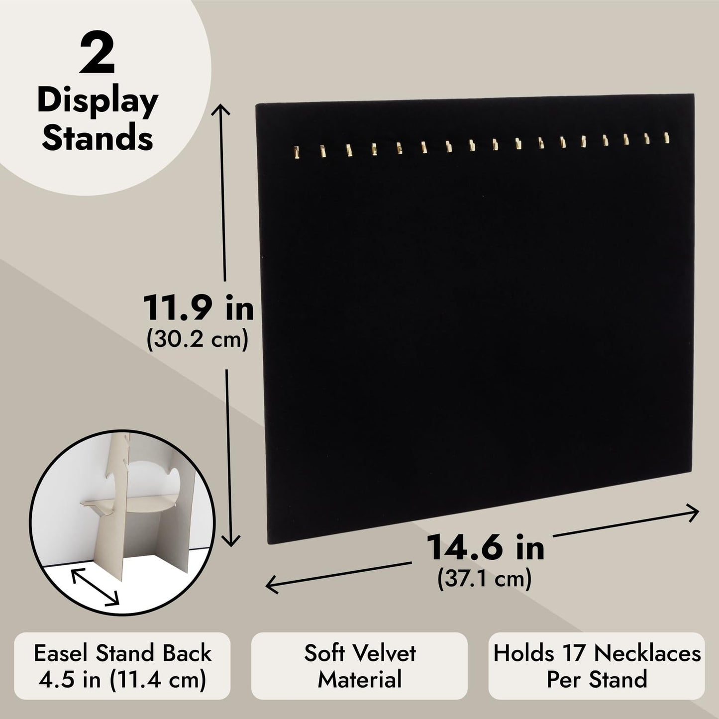 Genie Crafts 2 Pack Jewelry Display for Selling, Black Velvet Boutique Necklace Stands Boards with Hooks for Pop Up Shop (15 x 1