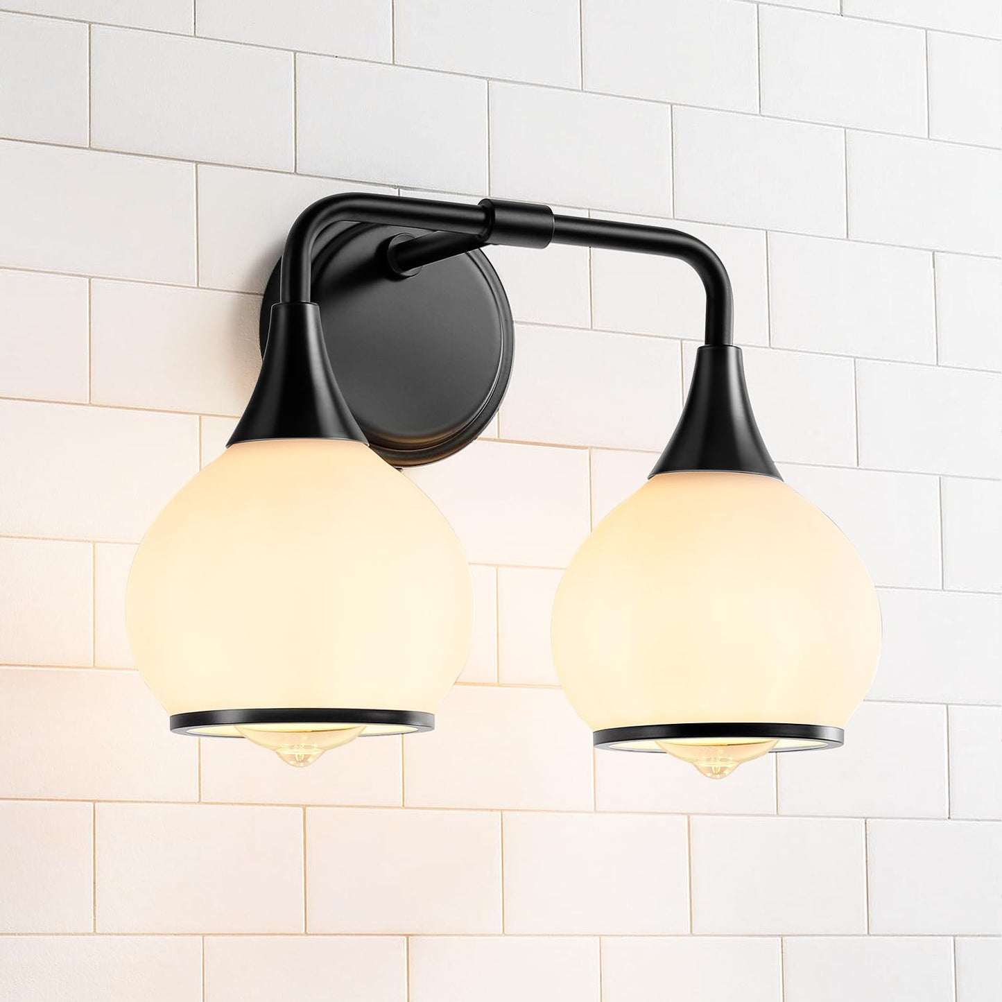 Hahzt 2 Light Black Bathroom Vanity Light Fixtures With Milky White Frosted Glass Shade, Model 8033Ml, Wall Sconce Lighting