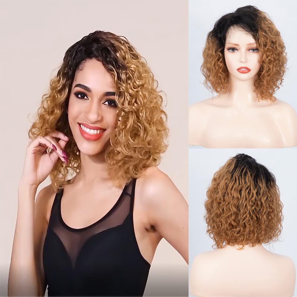 FASHION IDOL Short Deep Wavy Lace Bob Wig for Women 10 Inches Kinky Curly Human Hair Side Part Shouder Lenth Wig 150% Density