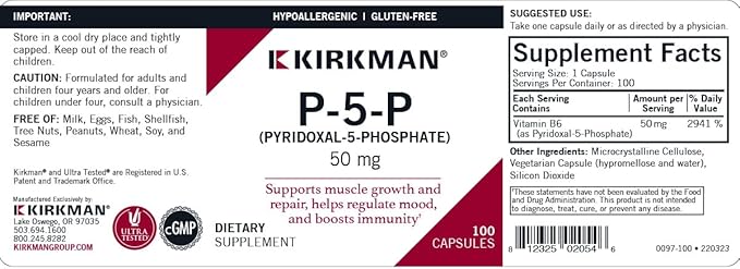 Kirkman – P-5-P (Pyridoxal 5-Phosphate, Vitamin B-6 Metabolite) 50 mg - Hypoallergenic 100 Count