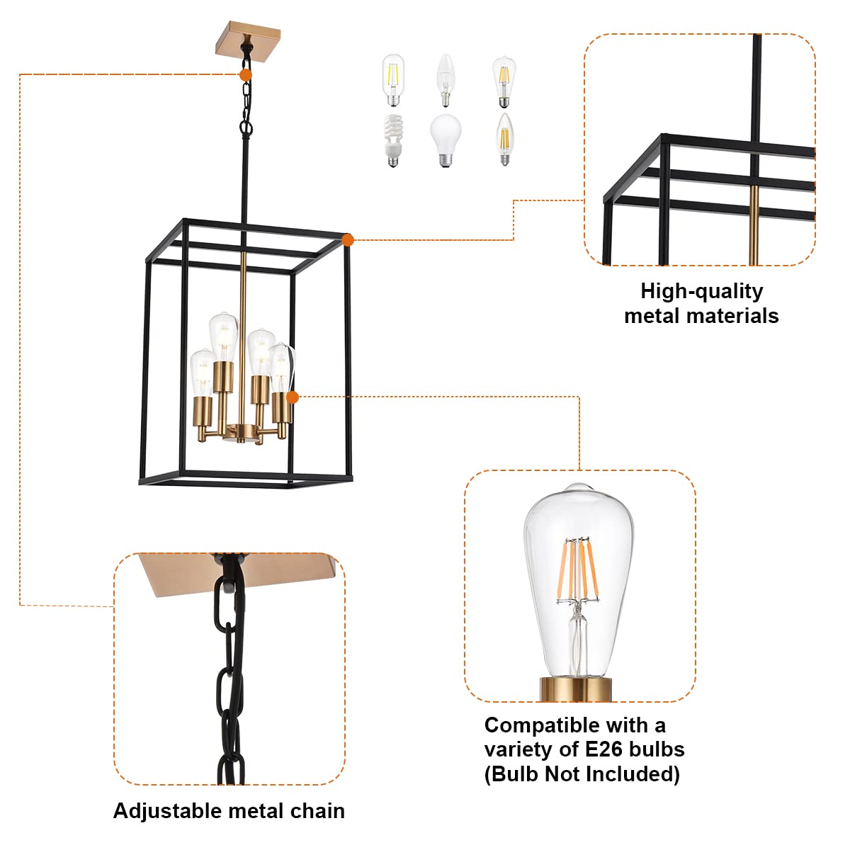 VINLUZ Retro Chandelier 4 Light Metal Square Cage Pendant Lighting Black & Brass Finish for Dining Room & Kitchen Island 270-4BB
