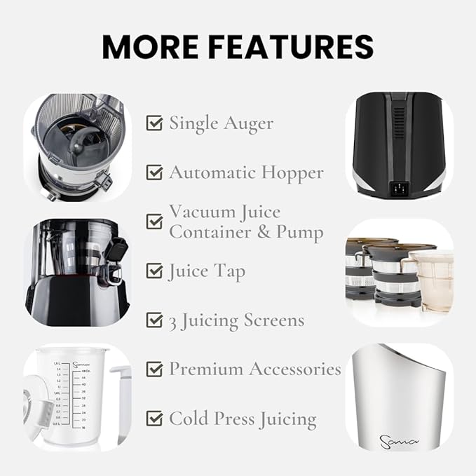 Sana 878 Self Feeding Batch Juicer | 3 Days of Cold Press Juicing Effortlessly | Most Convenient Juicer with Autopilot Configuration | Large Batch 2 Liter Capacity | Whole Fruits & Vegetables | Black