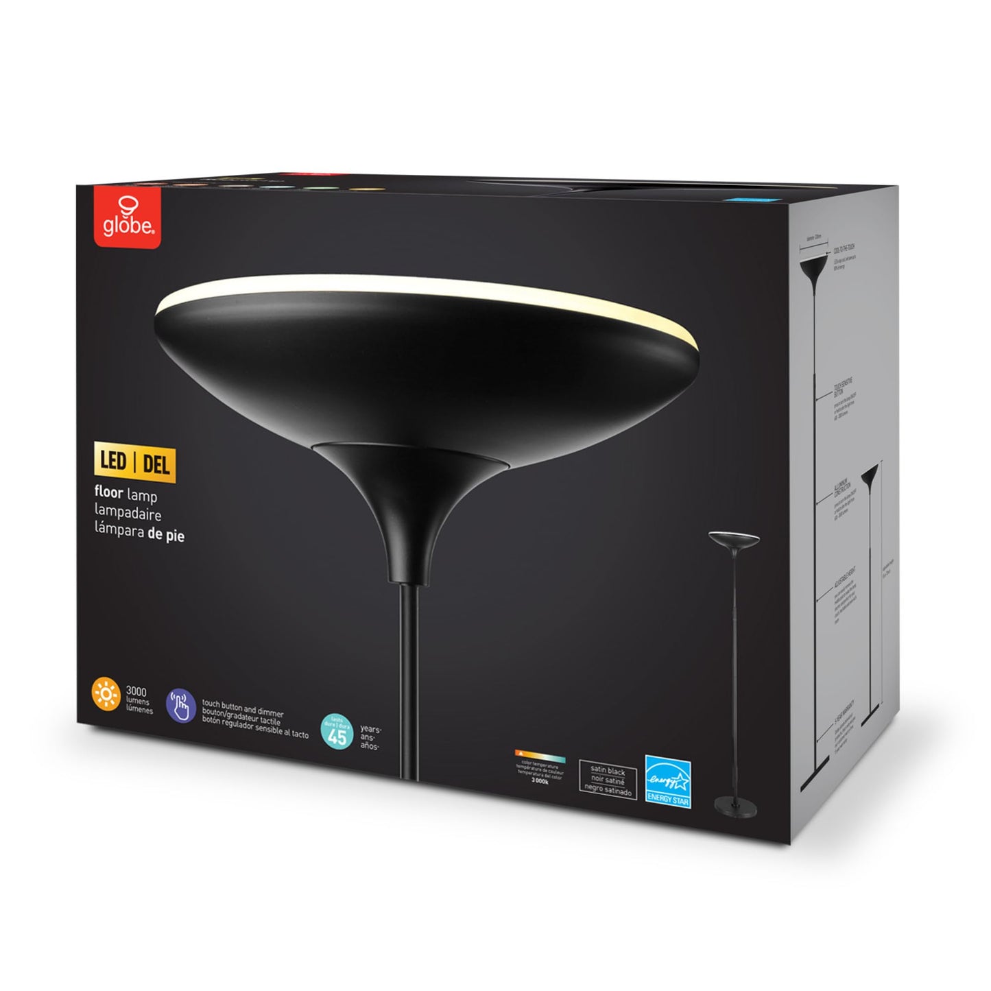 Globe Electric Led Torchiere Floor Lamp, 43W, 3010 Lumens, Energy Star, Dimmable, Matte Black, 70.9 - Model 12784