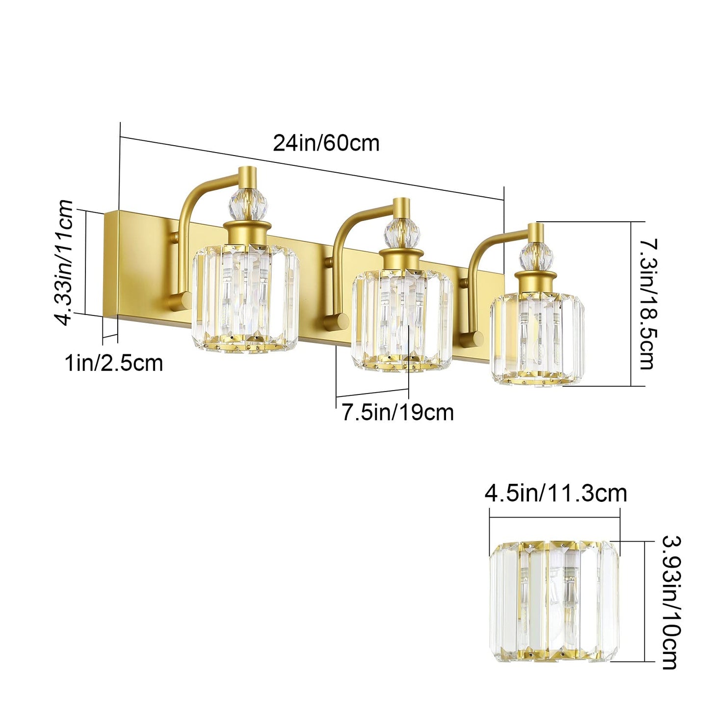 Ralbay 3 Light Crystal Vanity Light Fixture, 24 Inch Gold Bathroom Lighting, Model 8605
