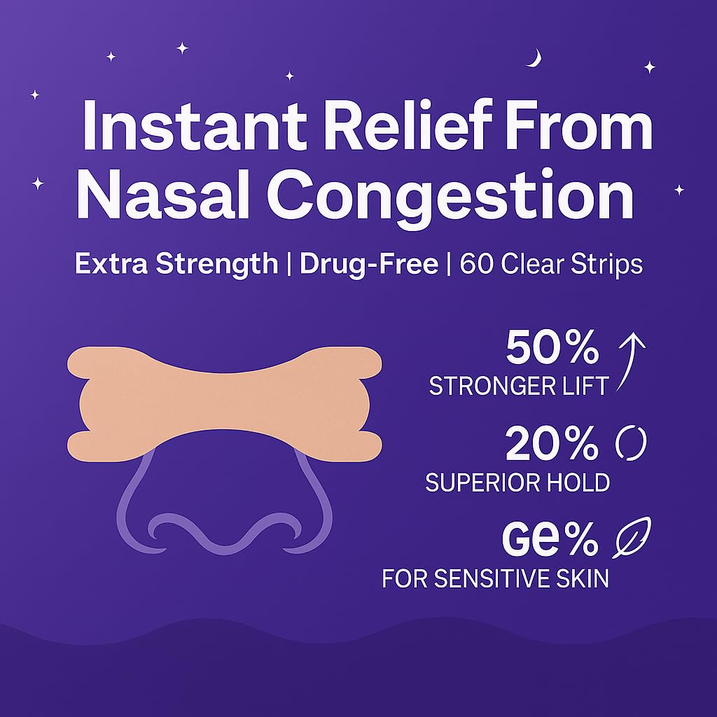 Extra Strength Nasal Strips for Snoring and Nasal Congestion Relief,Drug-Free Breath Better Nose Strips with Strong Adhesive,50% Stronger Lift,Clear Comfortable Design for Sensitive Skin,60 PCS