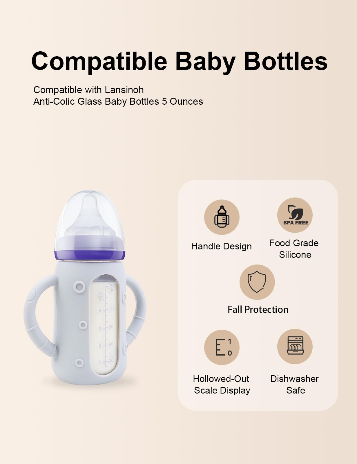 ZCH 4-Pack Silicone Sleeves for Lansinoh Glass Bottles, BPA-Free Drop-Resistant Baby Bottle Sleeves with Handles, Compatible with Lansinoh Anti-Colic Glass Baby Bottles (5 oz)