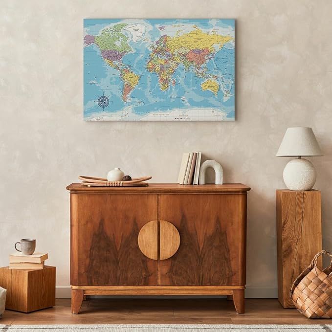 artgeist Canvas Wall Art Print World Map 24x16 in - 1pcs Home Decor Framed Stretched Picture Photo Painting Artwork Image Worldmap Continents Travel Gift k-C-0128-b-a