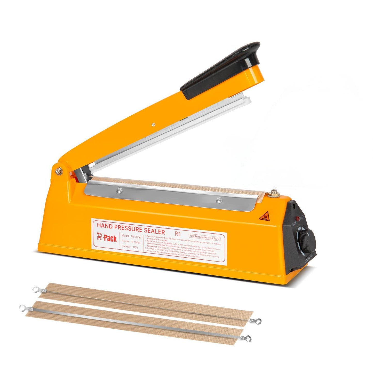 R-PACK Impulse Heat Sealer with Cutter, Heavy-Duty Bag Sealing & Cutting Machine, 2 Extra Replacements（Orange, 8inch）