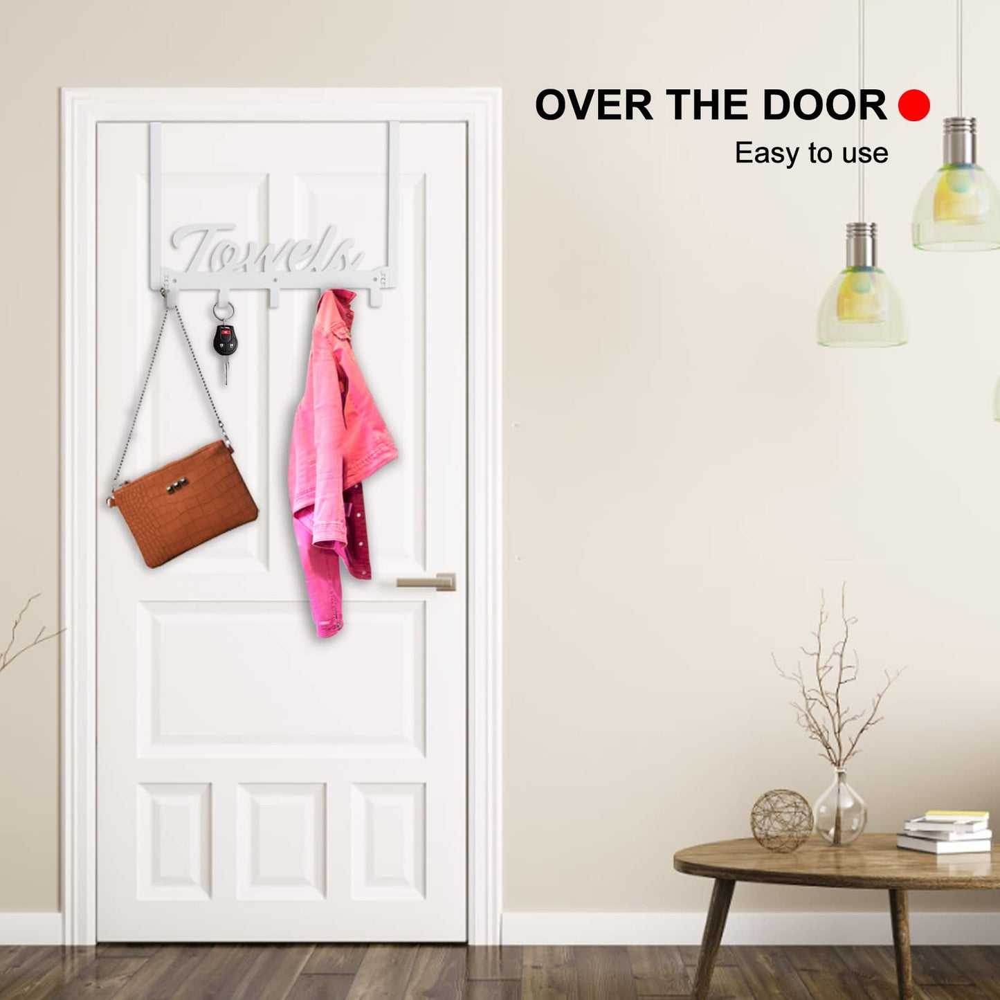 Azmoncy Over The Door Hooks, Towel Rack for Bathroom & Bedroom, Heavy Duty Over Door Towel Hanger with 5 Coat Hooks, White