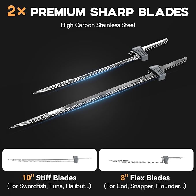 Protmex Cordless Electric Fillet Knife with 8" and 10" Sharp Blades, 12V Electric Fillet Knife with Non-slip Grip Handle, Gloves and Safety Lock, for Fishing, Filleting, Meat, Bread, Outdoors