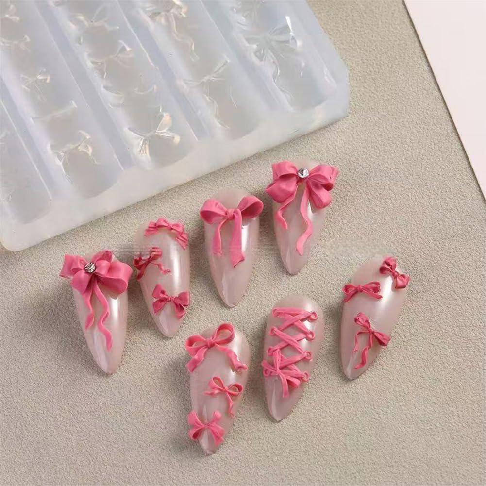 LIFOOST Ribbon Bows Silicone Nail Mold Embossed Bowknot Nail Art Mould Tools 3D Carving Templates for Women Girls Manicure Acces