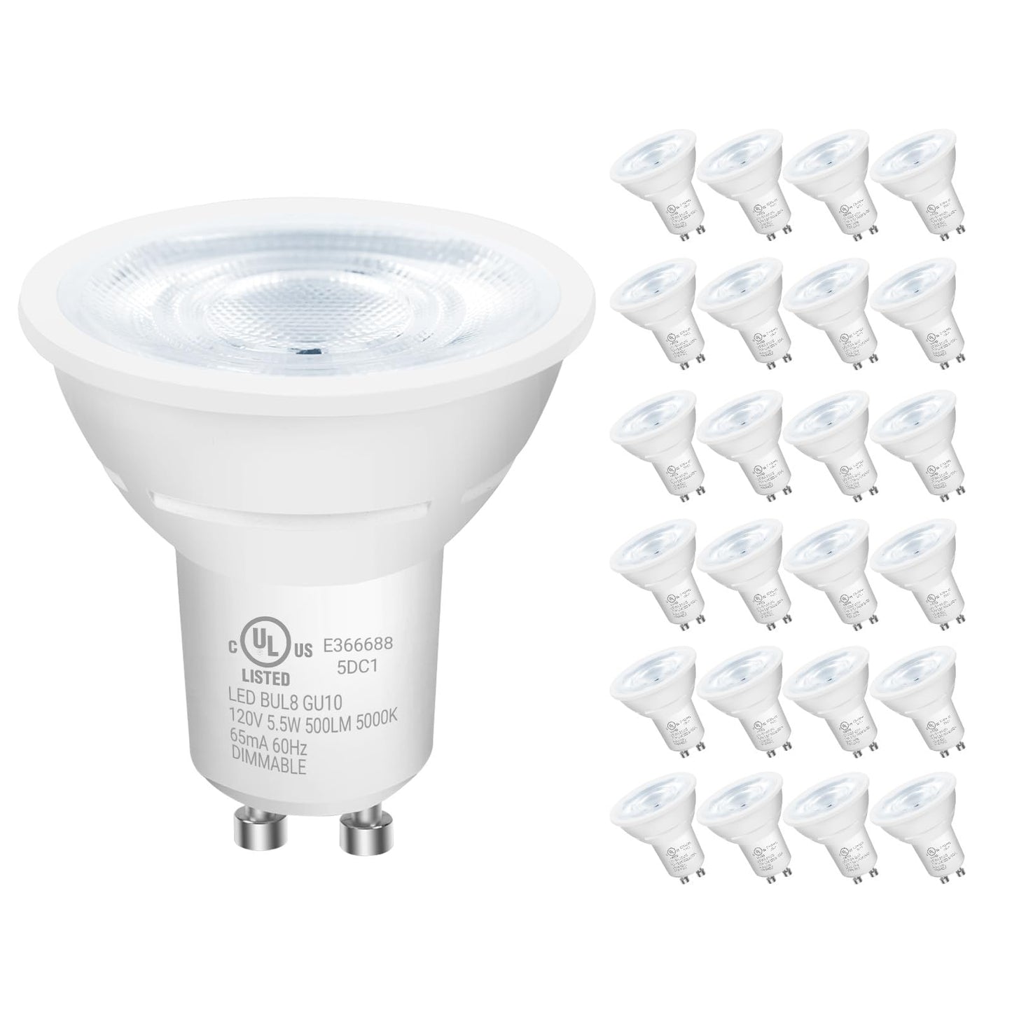 DAYBETTER GU10 LED Light Bulbs, 5.5W Equivalent, 5000K Daylight White, Dimmable, 24 Pack, MR16 for Kitchen and Living Room