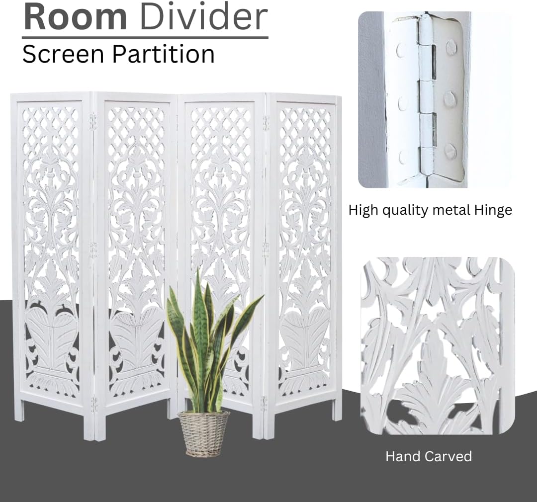 Room Divider Wood Screen Panel – White, 4-Panel Folding 64"x54", Hand-Carved, Reversible Privacy Partition, Decorative & Functional Portable Room Divider for Home or Office