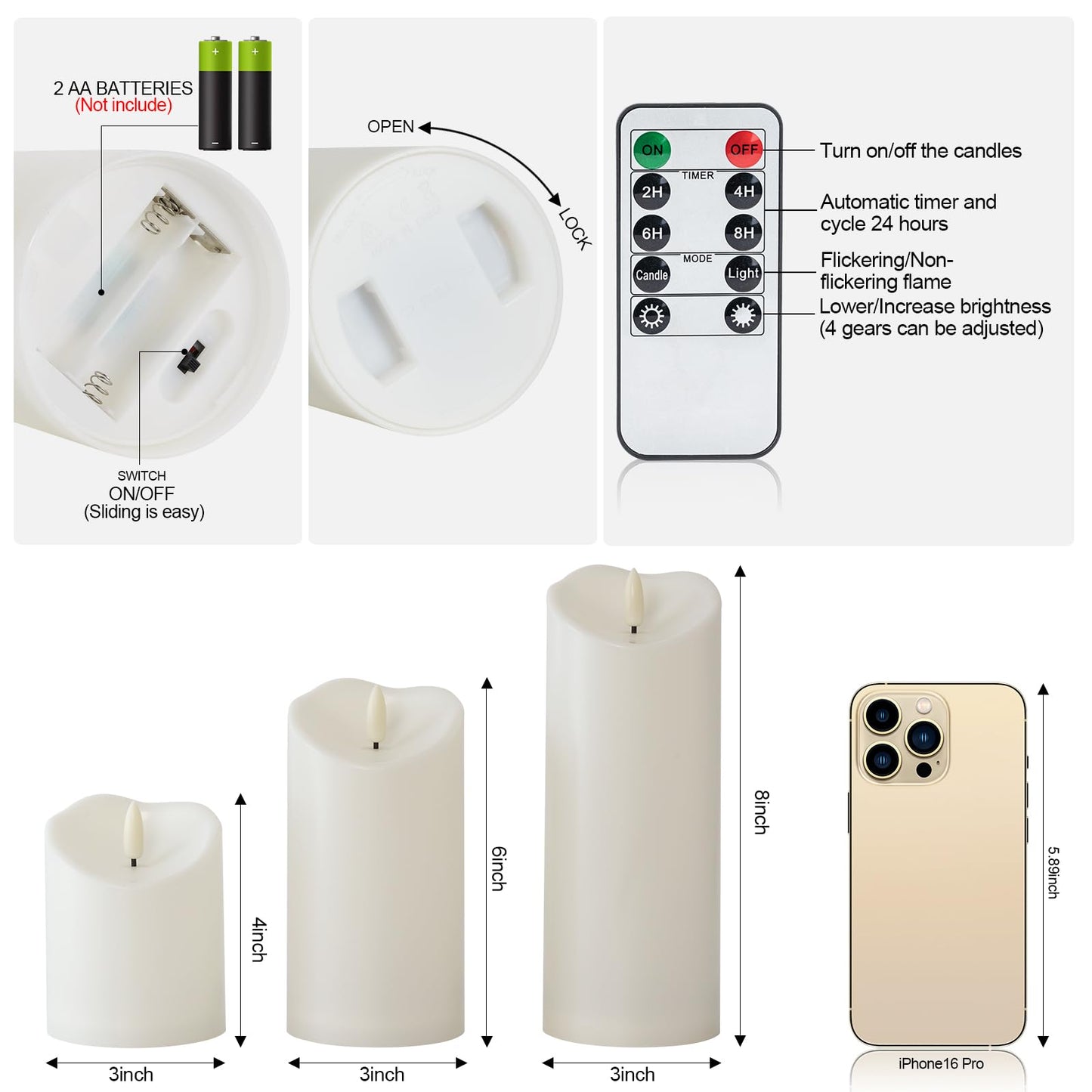 Raycare 3"x4"6" 8" Outdoor Waterproof Flameless Candles, Battery Operated LED Candles with Remote Control and Timer, Electric Fake Plastic Pillar Candles, Ivory White, Set of 3