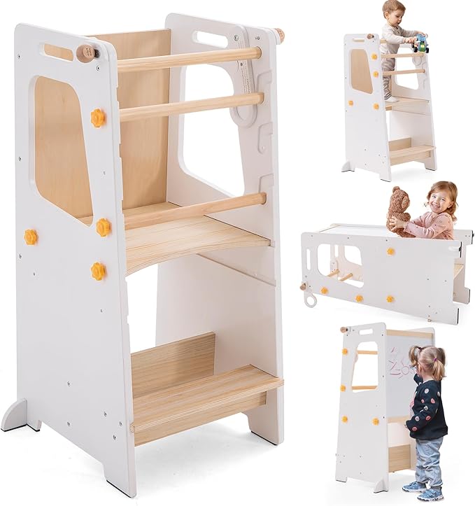 Toddler Standing Tower, Toddler Step Stool with White Board&Convertible Table and Chair, Kitchen Stool Height Adjustable with Safety Rail, Helper Tower for Kids Cooking