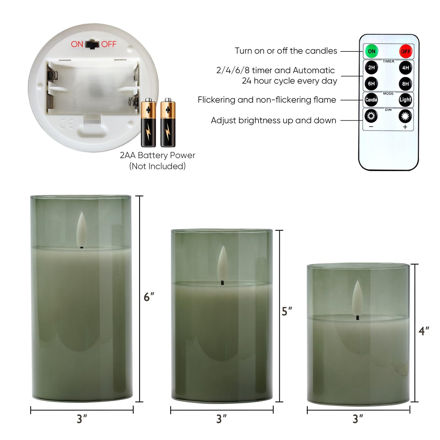 5plots Flameless Battery Operated Candles Set of 3, Green LED Candles with Remote Timer, Real Wax Glass Pillar Candles Warm Flickering Light for Indoor Home, Halloween, Christmas Decor D3 x H4 5" 6"