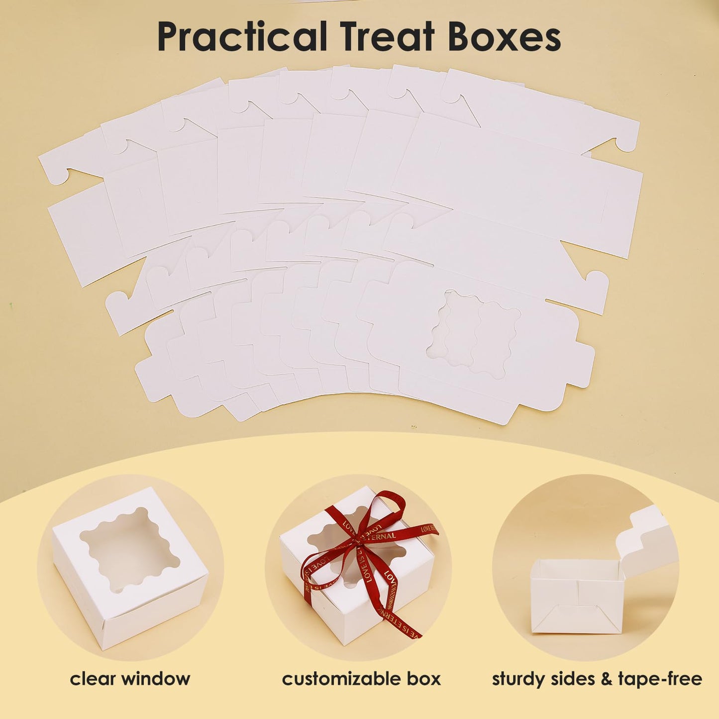 Moretoes Bakery Boxes with Window, 24pcs 4x4x2.5 Inches Bakery Boxes with Stickers for Small Cookies, Treats, Desserts, Chocolate Covered Strawberries, Mini Cake